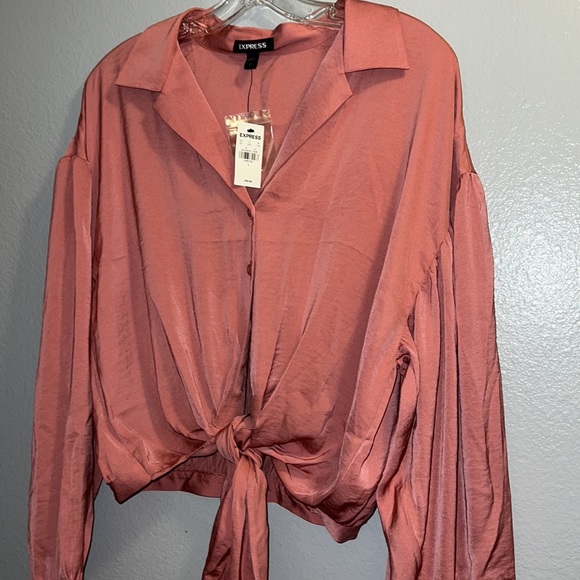(L) EXPRESS Satin Tie Front Cropped Shirt - Picture 2 of 11